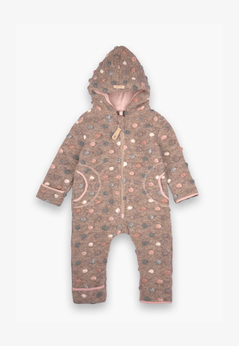 Rjav enohranilni bodi s kapuco, z zadrgo in stranskimi žepi. Okrašen z roza obrobami in mehkim materialom.