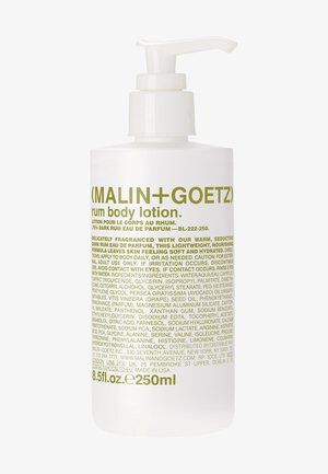 Clear plastic bottle with a white pump top. Features green text; labeled as "rum body lotion." Contains 250 ml of product.