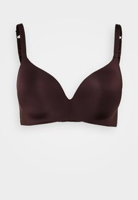 Bra marrone con ferretto, in tessuto uniforme, scollatura profonda, spalline regolabili e cuciture minime per un aspetto senza giunture.
