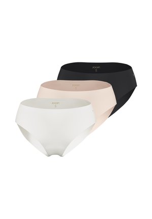 Trois slips bikini sans coutures pour femmes en noir, beige et blanc, disposés en pile décalée avec le nom de la marque "JOOP!" visible à l'intérieur.