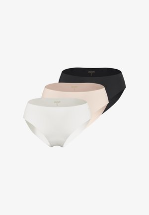 Tre dames seamless bikini-trusser i sort, beige og hvid, arrangeret i en forskudt stak med mærkenavnet "JOOP!" synligt indeni.