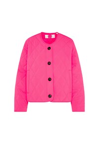 Helle rosa gesteppte Jacke mit langen Ärmeln, rundem Ausschnitt und vier schwarzen Knöpfen auf der Vorderseite.