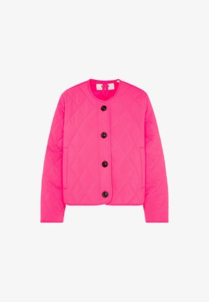 Bright pink quilted jacket with long sleeves, round neckline, and four black buttons down the front.