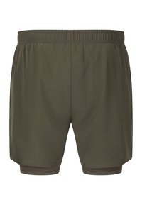 Olivgrüne Badehosen mit elastischem Bund, die eine glatte Textur und eine Innenfutter in einem dunkleren Grünton aufweisen.