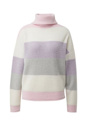 Pasiasty sweter z golfem w kolorach jasnoróżowym, białym, szarym i lawendowym. Miękka, teksturowana tkanina o luźnym kroju.