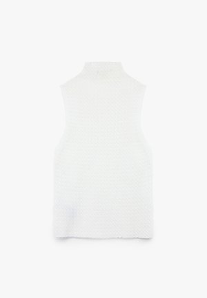 Hvid ærmeløs top med høj krave, med et tekstureret mønster og lige snit ved kanten, lavet af et let materiale.