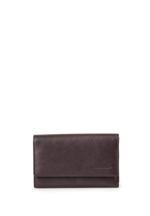 Dark brown leather wallet with a flap closure and subtle brand embossing on the lower right corner.