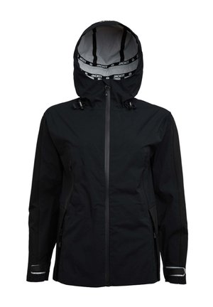 Giacca impermeabile nera con cappuccio rimovibile, chiusura con zip frontale, cordini regolabili e dettagli riflettenti sulle maniche e sulle cerniere.