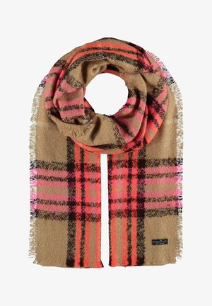 Bézs kockás sál élénk rózsaszín és barna kockás mintázattal. Puha tapintású, rojtos szélek, és egy márkacímke az egyik végén.