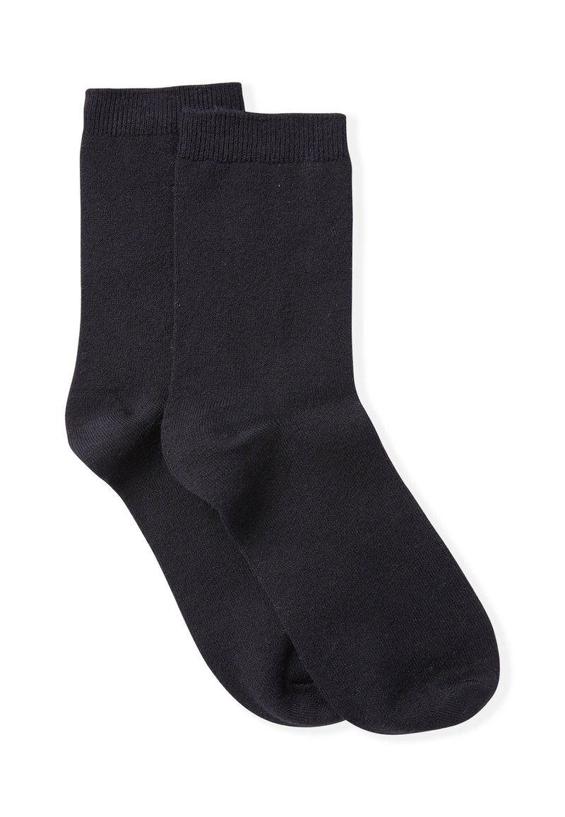 Calze di cotone nere, caratterizzate da una texture liscia, polsini a costine e un design semplice. Le calze hanno una forma standard e una lunghezza a metà polpaccio.