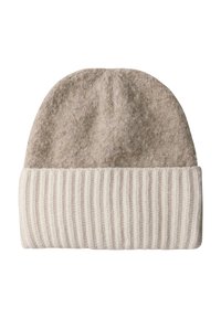 Berretto in maglia con una morbida parte superiore beige texturizzata e un risvolto a coste color crema, progettato per calore e comfort.