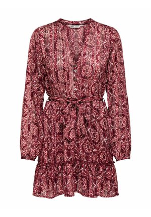 Dolga obleka z dolgimi rokavi v rdeči in roza z vzorcem cvetlic, z gumbasto V-izrezom, pasom za zavezovanje in volančastim robom.