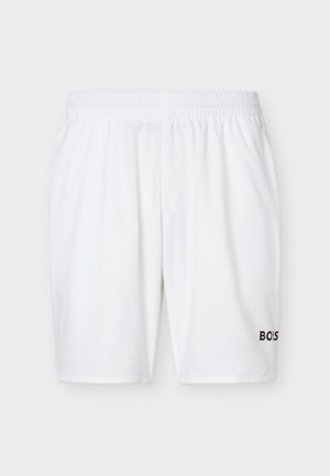 Short blanc à taille élastique, coupe ample, avec un petit logo noir « BOSS » sur la partie inférieure de la jambe droite.