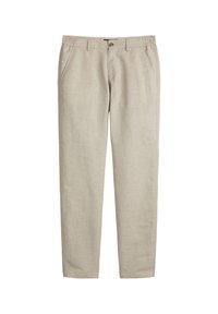 Beige linen trousers with a straight-fit design, featuring an elastic waistband, front pockets, and a single button closure.