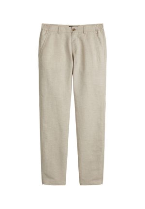 Beige linen trousers with a straight-fit design, featuring an elastic waistband, front pockets, and a single button closure.