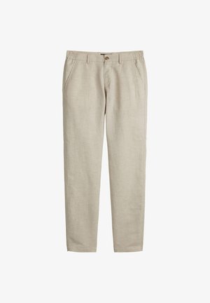 Pantalon en lin beige avec une coupe droite, doté d'une taille élastique, de poches avant et d'une fermeture à un bouton.