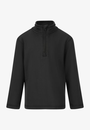 Sort pullover top med høj krave og kort lynlås. Fremstillet af tekstureret stof, den har lange ærmer og en afslappet pasform.