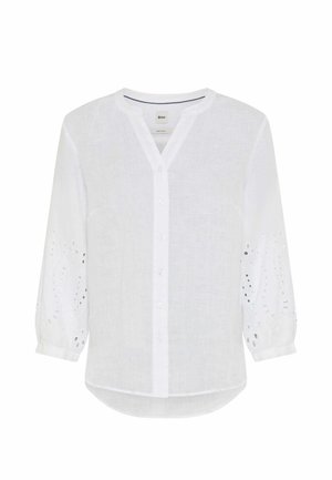 Witte blouse met knoopsluiting, driekwarts mouwen, met broderie anglaise en een ronde kraag zonder kraag.