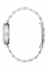 Strieborné nerezové hodinky s obdĺžnikovým puzdrom, náramkom z článkov a lesklým povrchom. Obsahujú viditeľné hardvérové prvky a tlačidlá.