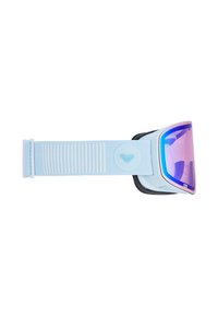 Gogle narciarskie z niebieskim paskiem, białą ramką i lustrzanym fioletowym szkłem. Posiadają teksturowany pasek oraz detale z logo po boku.