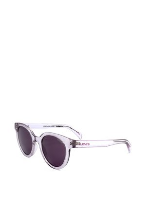 Occhiali da sole in plastica trasparente viola a forma di occhio di gatto con lenti scure e logo Levi's sulle aste.