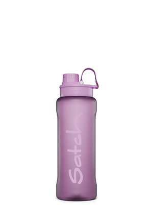 Purple translucent water bottle with screw cap and carrying loop, featuring vertical "Satel" branding on the body.