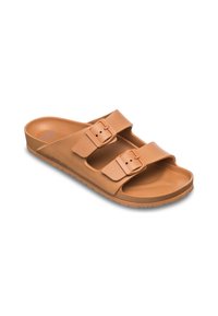 Bruine slidesandalen gemaakt van gestructureerd synthetisch materiaal, met twee verstelbare banden met metalen gespen en een dikke zool met profieldetails.