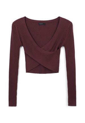 Burgunderfarbene, gerippte Langarmbluse mit tiefem V-Ausschnitt und Wickeldetail an der Vorderseite, aus strukturiertem Stoff und figurbetontem Design.