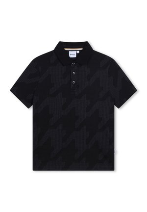 Polo noir avec un motif pied-de-poule texturé, patte de boutonnage à trois boutons et col classique. Fabriqué à partir de matériau léger.