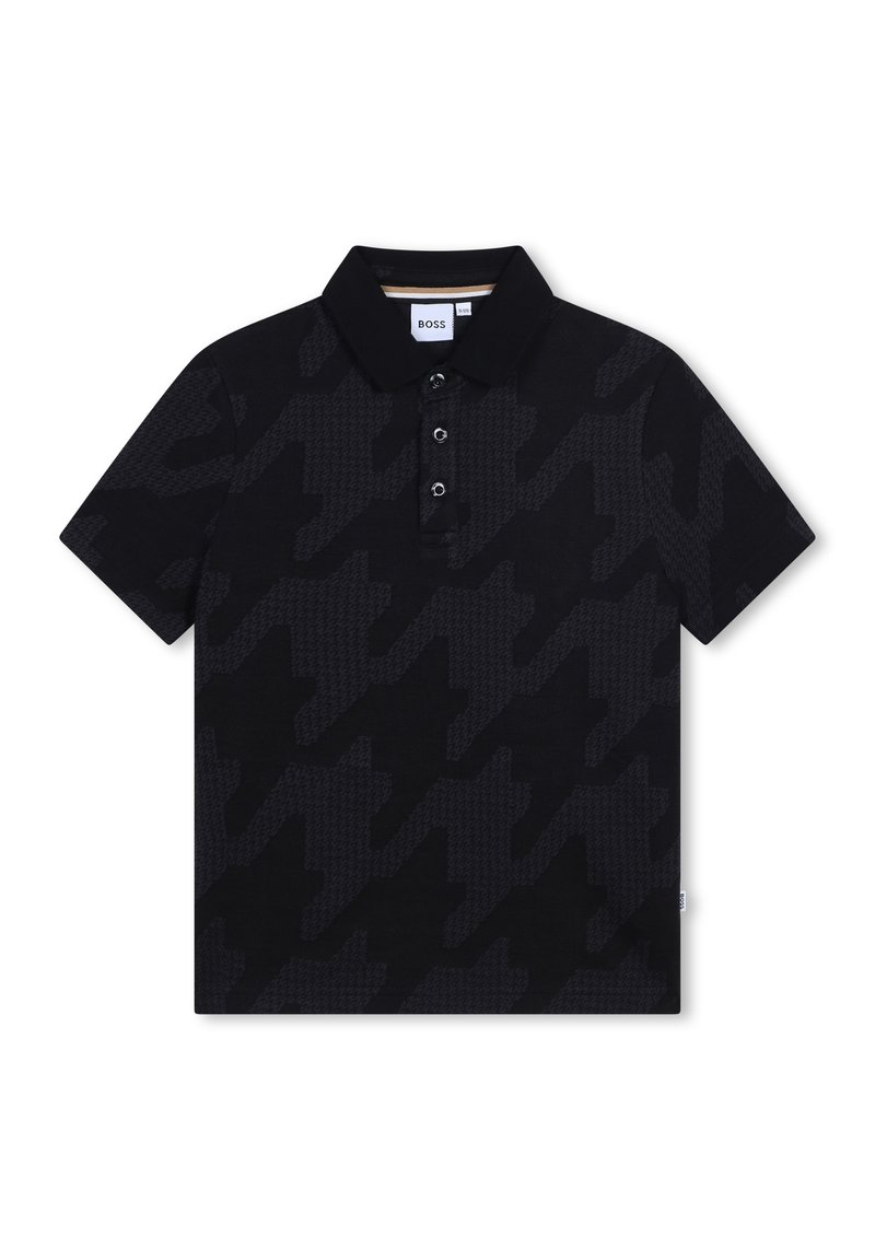 Polo noir avec un motif pied-de-poule texturé, patte de boutonnage à trois boutons et col classique. Fabriqué à partir de matériau léger.