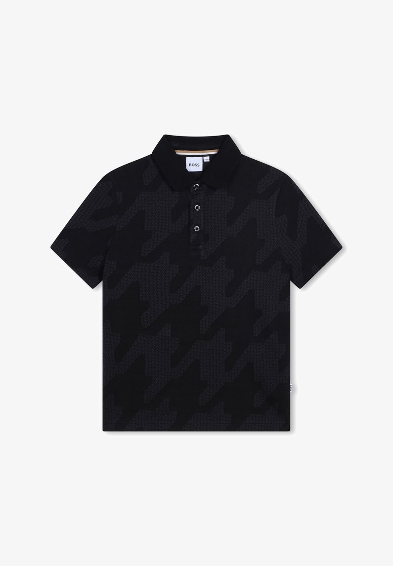 Polo noir avec un motif pied-de-poule texturé, patte de boutonnage à trois boutons et col classique. Fabriqué à partir de matériau léger.