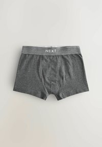 Grå bomulds boxershorts med en blød, elastisk talje, der har ordet "NEXT" i hvid. Stoffet har en glat tekstur og en tætsiddende pasform.