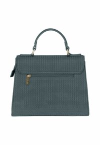 Sac à main gris texturé avec une forme structurée, une poignée supérieure, une fermeture à rabat magnétique et une poche zippée à l'avant ornée de ferrures dorées.