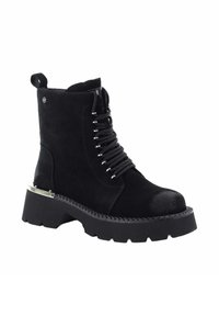 Czarne zamszowe botki za kostkę z grubą podeszwą, sznurowanym przodem i metalicznym akcentem na obcasie. Posiadają okrągły nos i przeszywane detale.