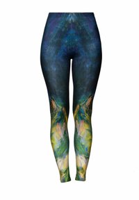Leggings gemaakt van rekbare stof, met een abstract patroon in donkerblauw en groen, voorzien van levendige kleuren en een elastische tailleband.
