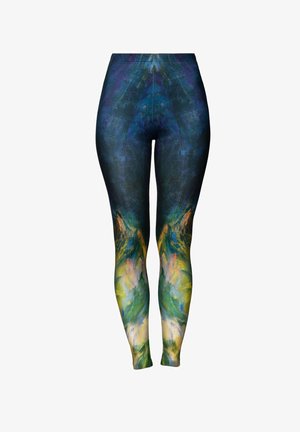 Leggings en tissu extensible, présentant un motif abstrait bleu foncé et vert avec des couleurs vives et une taille élastique.