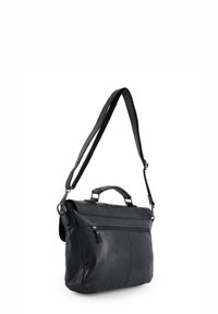 Schwarze Lederhandtasche mit strukturierter Form, ausgestattet mit zwei Griffen, verstellbarem Riemen und Front-Reißverschlusstasche. Glatte Textur mit dezentem Glanz.