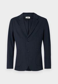 Navy tailored blazer with notched lapels, two front pockets, and two buttons. Features a smooth fabric and structured fit.