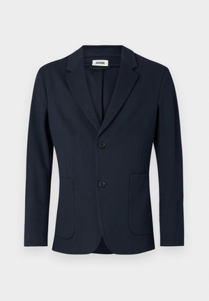 Granatowa dopasowana marynarka z wyłogami, dwoma przednimi kieszeniami i dwoma guzikami. Posiada gładki materiał i dobrze zbudowany krój.