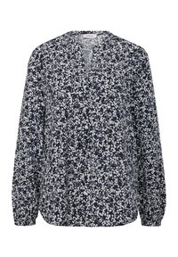 Marinebluse mit weißem Blumenmuster, langen Ärmeln und V-Ausschnitt. Aus leichtem Stoff mit lockerer Passform.