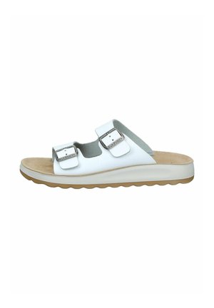 White open-toe sandal with two adjustable buckles, beige cushioned footbed, and textured light brown sole.
