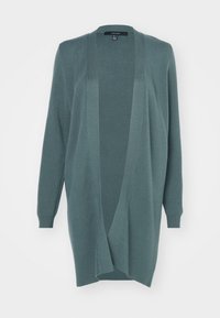 Lightweight, open-front cardigan made of soft, textured fabric in teal. Features long sleeves and ribbed cuffs for a relaxed fit.