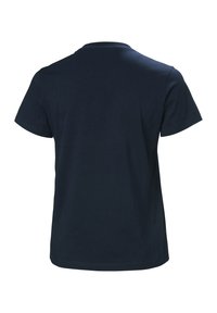 Camiseta lisa de manga corta en azul marino oscuro con cuello redondo, vista desde atrás sobre un fondo blanco.
