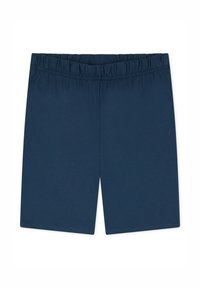 Námořnické modré šortky vyrobené z měkkého materiálu. Mají elastický pas a rovný střih. Minimalistický design bez vzorů nebo akcentů.