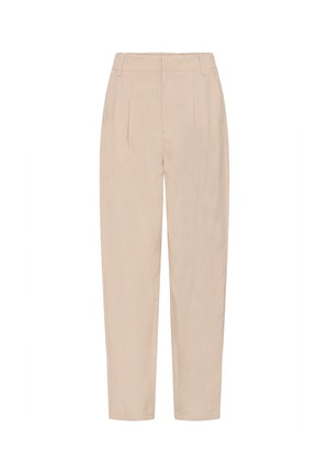 Pantalones beige a medida con cintura alta, que presentan pliegues, bolsillos laterales y piernas cónicas. Tejido liso con un ligero brillo.