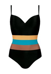 Czarny jednoczęściowy kostium kąpielowy z teksturowanej tkaniny; zdobiony poziomymi pasami w kolorze żółtym, turkusowym i brązowym w okolicy brzucha. Projekt z dekoltem w kształcie litery V.