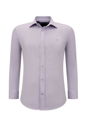 Lichtpaars overhemd met lange mouwen en knopen, met een kraag, voorzien van een klein geborduurd logo op de borst en een gladde stoftextuur.