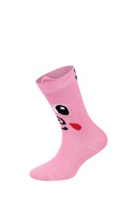 Lys pink sok med et legesygt ansigt designet med et øje og en kind. Sokken har en ribbet top og vises oprejst.