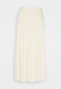Falda midi plisada en un color crema claro. Hecha de una tela suave, presenta una cintura ajustada y pliegues simétricos y fluidos en toda su extensión.