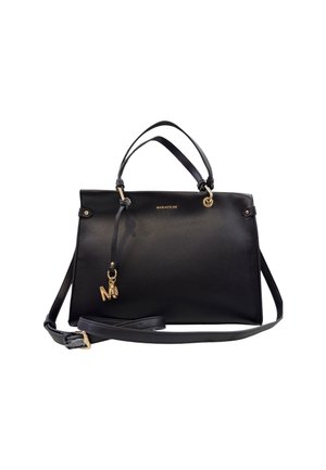 Borsa a mano in pelle nera con un design strutturato, manici superiori, tracolla regolabile, dettagli in metallo dorato e un charm decorativo.